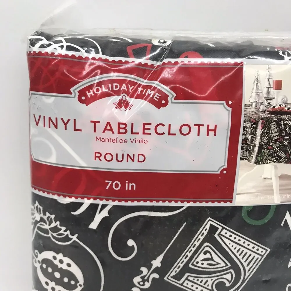 NEW Holiday Time Black Christmas Tablecloth Flannel Back Vinyl 70 inch Round